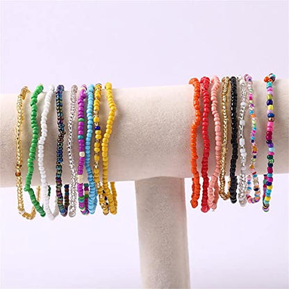 KIFEDSLJ 24Pcs Colorful Beaded Anklets Boho Handmade Beaded African Anklets Multicolor Seed Beads Stretch Ankle Bracelets for Women Elastic Foot and Hand Chain Jewelry