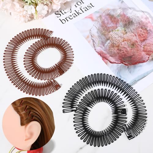 4PCS Flexible Headbands,Circular Stretch Comb Headband Zig Zag Plastic Circle Headbands Plastic Black Brown Circle Spring Headband Flexible Hair Wrap Holder Hairs Comb for Women Hair Accessories