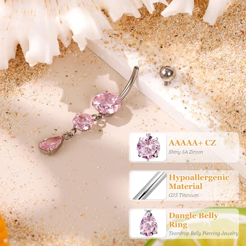 14G G23 Titanium Dangle Belly Button Ring for Women Dangling Navel Rings Hypoallergenic Teardrop Shiny CZ Belly Ring Internally Threaded Navel Piercing Jewelry - color: Pink