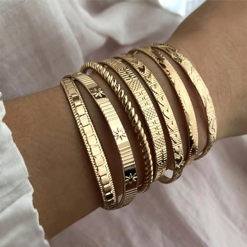 IFKM Gold Bangle Bracelets For Women, 14k Gold Plated Multi Layer Stackable Cuff Bracelet Set, Trendy Elegance Charms Non Tarnish Minimalist Textured Boho Jewelry Gift for Women - style: 7pcs Hexawn star twist