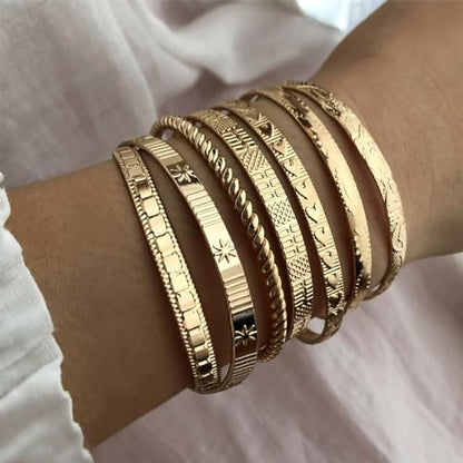 IFKM Gold Bangle Bracelets For Women, 14k Gold Plated Multi Layer Stackable Cuff Bracelet Set, Trendy Elegance Charms Non Tarnish Minimalist Textured Boho Jewelry Gift for Women - style: 7pcs Hexawn star twist