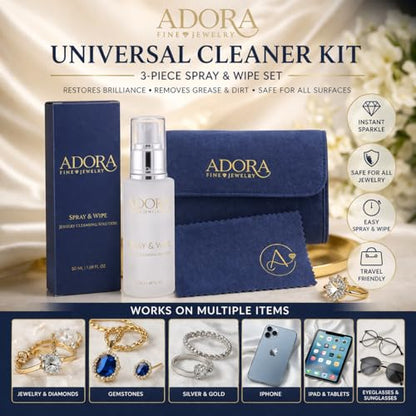 Adora Universal Cleaner Kit Jewelry, Eyeglasses, iPhone, iPad, Samsung & iWatch | Removes Grease & Dirt | Safe for Gold, Silver, Diamonds & Gemstones | 3-Piece 1.69 fl oz