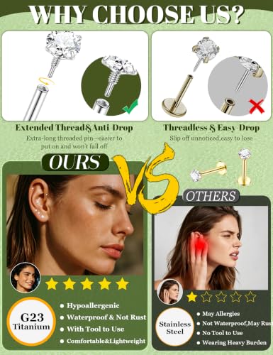 4Pairs 16G 18G G23 Titanium Flat Back Stud Earrings for Women Extended Internal Thread Cartilage Earrings Hypoallergenic Conch Helix Tragus Stud Lip Labret Medusa Nose Piercing Jewelry - color: Silver, size: 18G(1.0mm)