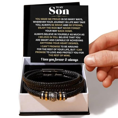 To My Son Bracelet FromMom and Dad with Heartfelt Message Card, Meaningful Love You Forever Braided Vegan Leather Mens Bracelet | Birthday, Valentines, Graduation Gifts From Parents, Leather Bracelet