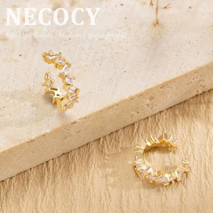 Star 14K Gold Plated Ear Cuff Earrings for Women Non Piercing, Dainty Silver Plated Clip on Cartilage Ear Cuff Non Pierced Trendy CZ Northstar Starburst Sparkling Climber Clawer Earring Jewelry - style: Huggie Hoop-2
