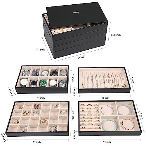 Voova Stackable Jewelry Organizer Tray with Lid (Set of 4, Black) | Stackable PU leather jewelry trays with drawer inserts for earrings, rings, necklaces, bracelets and watches; set of 4 - color: Black