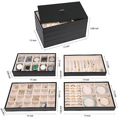 Voova Stackable Jewelry Organizer Tray with Lid (Set of 4, Black) | Stackable PU leather jewelry trays with drawer inserts for earrings, rings, necklaces, bracelets and watches; set of 4 - color: Black