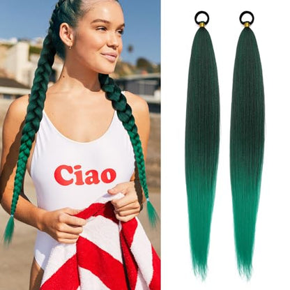 2 Pc Braid Ponytail Extension with Hair Tie Green Gradient Braid Extensions | LyoRuSi 26 Inch Long Braided Extensions, Straight Sleek Wrap Around Braid Hair Extensions Ponytail (Dark green/green) - color: Green gradient#（Dark green/green）, size: 26 Inch（P