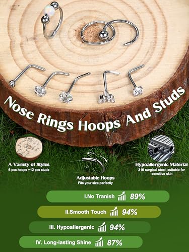 Jstyle Nose Rings for Women Men Surgical Steel Nose Hoops L Studs 18G/20G | Hypoallergenic Nostril Jewelry, Implant Grade Septum, Lip, Helix, Cartilage Piercing Jewelry with CZ, Opal, Snake Gold/Silver - color: Silver, size: 18G