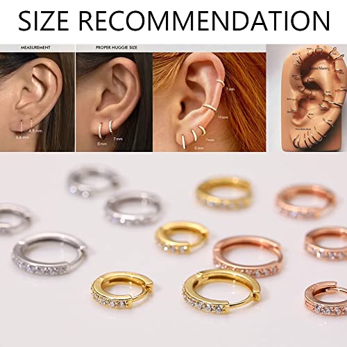 Cubic Zirconia Pave Cz Hoop Earrings Huggie Tiny Mini Small for Cartilage Sterling Silver Gold Plated 11mm 9mm 8mm 7mm Hoop Earrings - style: Silver-9mm Inner Diameter