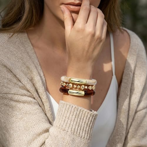 GOOJIDS Simple Beaded Gold Plated Bangles Bracelet Chunky Bamboo Tube Curved Stacking Clear Acrylic Colorful Beads Stretchable Gold Plated Bracelets Set For Women - color: T-Gold&Brown Set