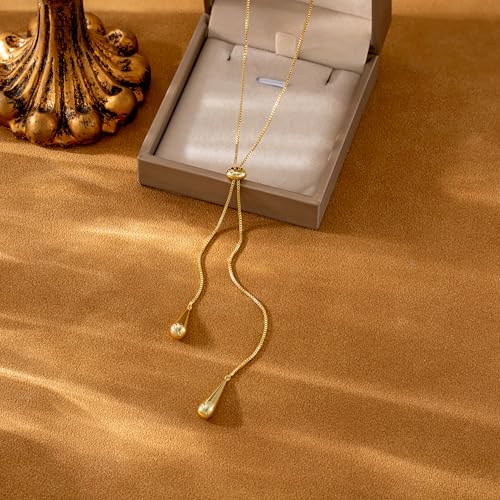 CHESKY Lariat Gold Necklace for Women, Dainty Long Necklace 14k Gold Plated Y-Shaped Pendant Necklace Trendy Layered CZ Beaded Chain Drop Necklaces Simple Gold Jewelry for Women Gifts - color: 6
