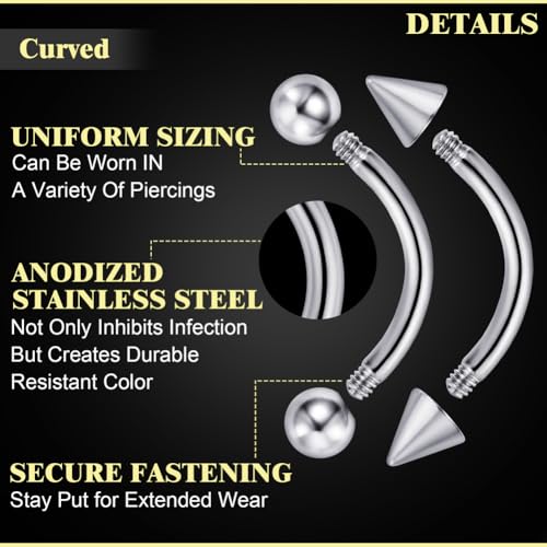 intera Surgical Steel 16G Eyebrow Piercing Jewelry Vertical Labret Lip Rings Jewelry for Women Men Curved Barbell Rook Daith Piercing Jewelry 6mm/8mm/10mm/12mm