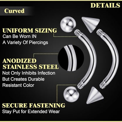 intera Surgical Steel 16G Eyebrow Piercing Jewelry Vertical Labret Lip Rings Jewelry for Women Men Curved Barbell Rook Daith Piercing Jewelry 6mm/8mm/10mm/12mm