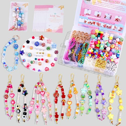Wurosi Acrylic 865PCS Beaded Keychain Making Kit,DIY Bag Charm Kit | Includes Acrylic Heart Flower Alphabet Beads,Key Chain Supplies,Manual,Rope and Packaging Supplies for Jewerly Making Kit - color: 865 Pcs Colorful Bead Kit