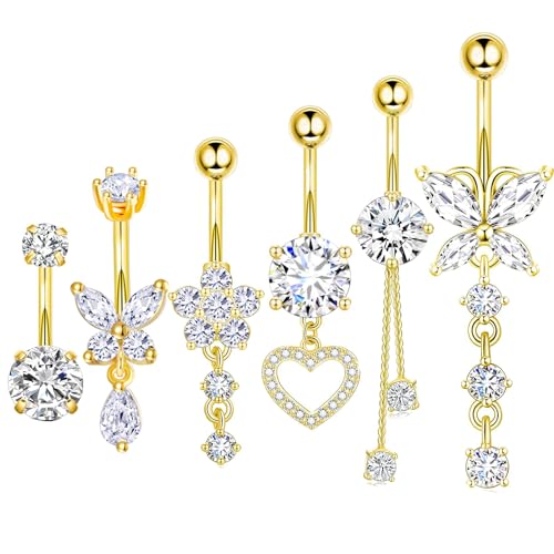TIANCI FBYJS Surgical Stainless Steel Dangle Belly Button Rings for Women Belly Ring Dangling Piercing Jewelry with Heart Flower Butterfly Silver 14G - color: gold color