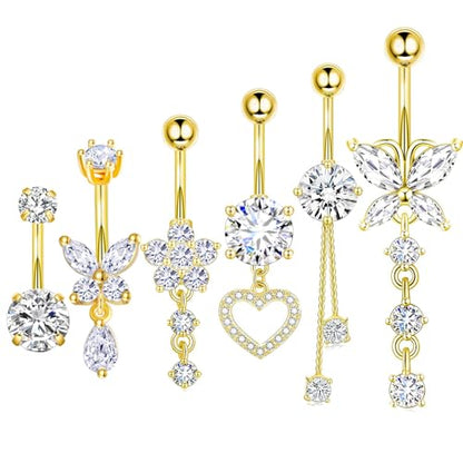 TIANCI FBYJS Surgical Stainless Steel Dangle Belly Button Rings for Women Belly Ring Dangling Piercing Jewelry with Heart Flower Butterfly Silver 14G - color: gold color