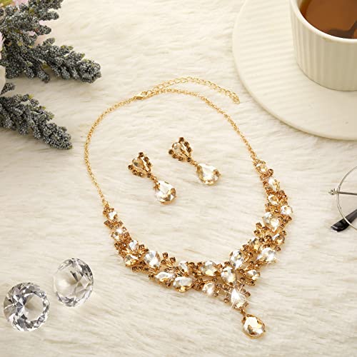 Hicarer Bridal Teardrop Cluster Crystal Jewelry Set for Women Necklace Earrings Wedding - color: Gold