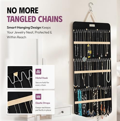 Hanging Jewelry Organizer 34.7 x 17.2 inches XL Size with Clear Pockets & Hooks – Double-Sided Necklace, Earrings & Rings Storage Holder – Space-Saving Closet Organizer for Women