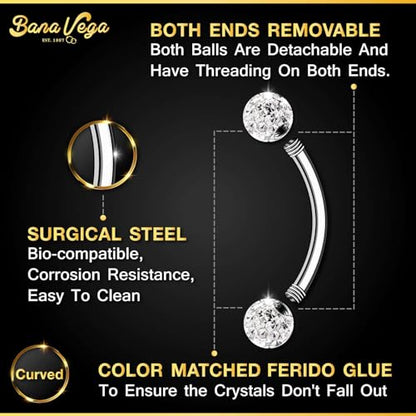 Surgical Steel Curved Barbell Ring 16g 5/16 8mm 3mm Ferido Ball Helix Earring Eyebrow Piercing Jewelry Choose Colors and Size - color: M-6pcs-Clear-16g-5/16"(8mm)-3mmBall