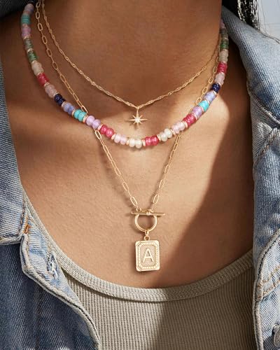 MJartoria Layered Initial Necklaces for Women | 14K Gold Plated Brass, Star Choker, Colorful Beaded, Square Letter Pendant, - color: Gold Plated, style: B