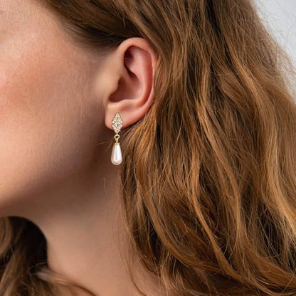 Gold Earrings for Women, 14K Gold Plated Tassel Dangle Earrings for Women Trendy Hypoallergenic Long Chain Earring Dainty Pearl Drop Earrings Elegant Wedding Earring Fashion Jewelry for Womens - color: cz pearl earrings