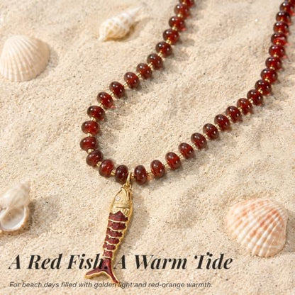SAMYA Gemstone Beaded Necklace for Women, Natural Stone Ocean Jewelry | Fish or Seashell Pendant Beach Necklace, Gold Spacer Accents, Reinforced Stainless Steel Clasp, Adjustable 16"+2" - color: Carnelian