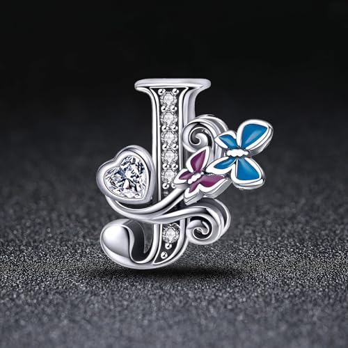 S925 Silver Butterfly Initial Letter Charms Fit for Pandora Charms Bracelets and Necklace Alphabet Bead Charms Jewelry Gifts for Women - color: J