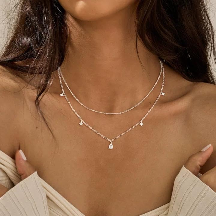 Layered Necklaces For Women,Dainty Gold Plated Necklace Stack Prom Layering Necklaces For Women Trendy Chain Cross Choker Necklace Set Fashion Accessories - color: cz+satellite-silver