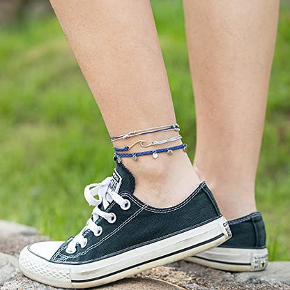 Waterproof String Anklets Cute Beaded Ankle Bracelets Beach Wave Anklet Stainless Steel Coin Boho Ankle Jewelry for Women - color: Navy Blue