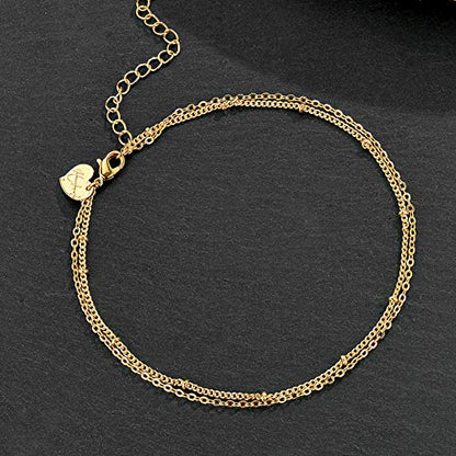 LOYATA Dainty Ankle Bracelet,14K Gold Plated Tiny Bead Anklet Dainty White Cubic Zirconia Cross Tassel Foot Chain Cute Lucky Moon Evil Eye Foot Jewelry Boho Anklets for Women - color: A double chain