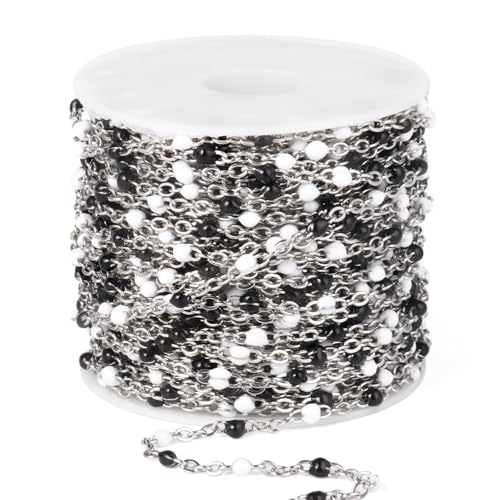 33FT 2mm Stainless Steel Black White Enamel Chains Bulk for Jewelry Making | 304 Stainless Steel Enamel Beaded Cable Chains Roll Spool for Necklace Bracelet Craft - color: Stainless Steel White Black Beads