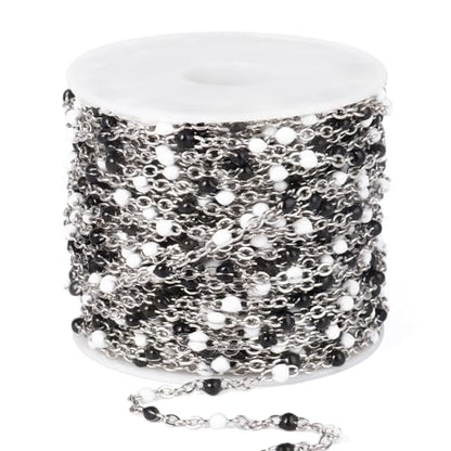 33FT 2mm Stainless Steel Black White Enamel Chains Bulk for Jewelry Making | 304 Stainless Steel Enamel Beaded Cable Chains Roll Spool for Necklace Bracelet Craft - color: Stainless Steel White Black Beads