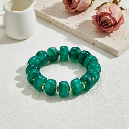 Chunky Beaded Bracelet for Women-Boho Bold Acrylic Resin Stretch Bracelets Trendy Summer Beach Elastic Bangle Vacation Jewelry Accessories - color: Style 1-Dark Green
