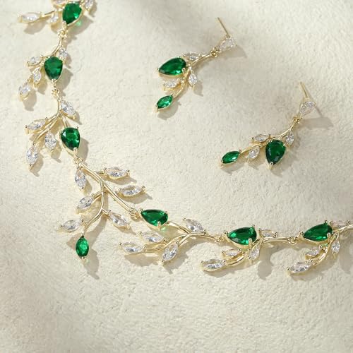 Cubic Zirconia Leaf Vine Wedding Jewelry Set for Bride Women Bridesmaid | Pear-Shaped Birthstone, Necklace Dangle Earrings for Bridesmaid, Silver-Plated-Brass - color: 2pcs_Green Gold-Plated-Brass