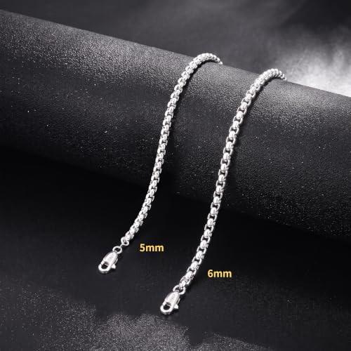 HIMSTORY Silver Chain for Men 5mm/6mm Sterling Silver Over Round Box Chain | Diamond Cut Box Chain Silver Necklace Gifts for Men Father Husband 18/20/22/24/26 Inches
