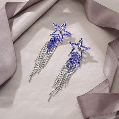 EVER FAITH Crystal Long Waterfall Star Tassel Clip-on Earrings for Women | Rhinestone Beaded Fringe Chandelier Dangle Statement Earring, Wedding Party Jewelry - color: Navy Blue Silver-Tone
