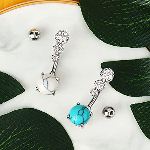 CM Crareesi Mania Women Boho Belly Rings Turquoise Stone Curved Barbell Belly Rings Piercing Jewelry - color: White Stone
