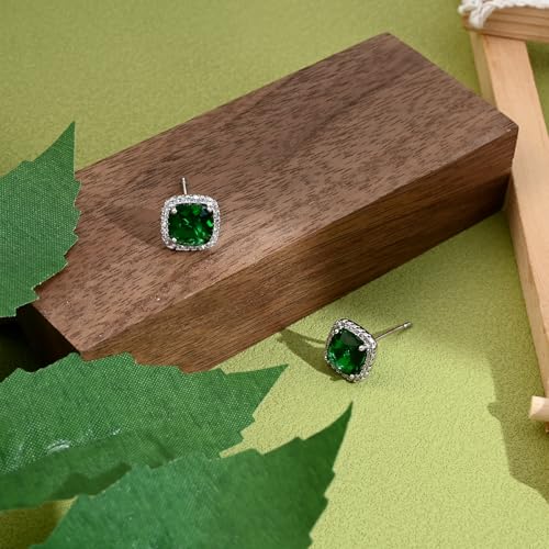 Square Cubic Zirconia Earrings Stud 7mm Birthstone Studs Earrings Hypoallergenic Princess Cut Earrings 925 Sterling Silver Post Studs Earrings for Women - color: Emerald