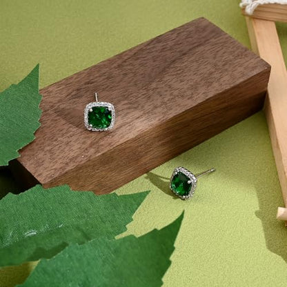 Square Cubic Zirconia Earrings Stud 7mm Birthstone Studs Earrings Hypoallergenic Princess Cut Earrings 925 Sterling Silver Post Studs Earrings for Women - color: Emerald