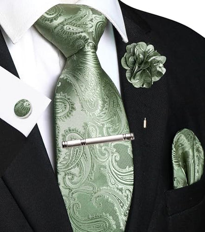 JEMYGINS Mens Paisley Tie and Pocket Square,Lapel Pin,Cufflinks,Tie Clip Sets with Gift Box 5PCS - color: 10sage Green