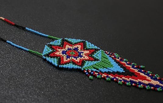 Weavish Medallion Beaded Necklace – Boho Native Handmade Seed Bead Tassel Necklace, Bohemian Large Statement Beaded Necklace for Women With Matching Elastic Bracelet