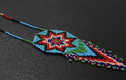 Weavish Medallion Beaded Necklace – Boho Native Handmade Seed Bead Tassel Necklace, Bohemian Large Statement Beaded Necklace for Women With Matching Elastic Bracelet