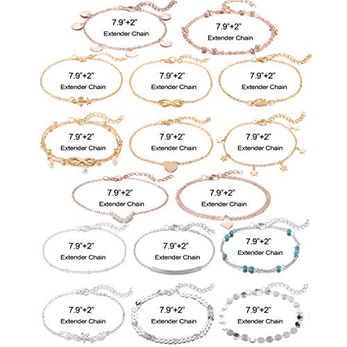 Softones 16Pcs Ankle Bracelets for Women Gold Silver Two Style Chain Beach Anklet Bracelet Jewelry Anklet Set,Adjustable Size - color: E:6-Gold 6-Silver 4-Rose Gold