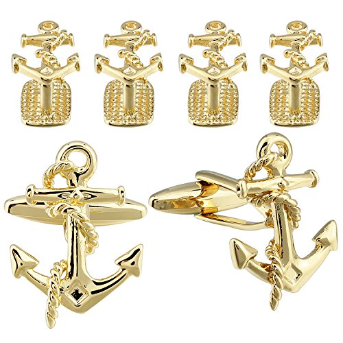 HAWSON Silver/Gold Cufflinks for Men with Tuxedo Shirt Studs,Men Accessories Jewelry with Gift Box,Gifts for Family,Best Friend on Wedding Business Birthday Anniversary - color: Gold ( Anchor Cufflinks with 4 pcs studs)