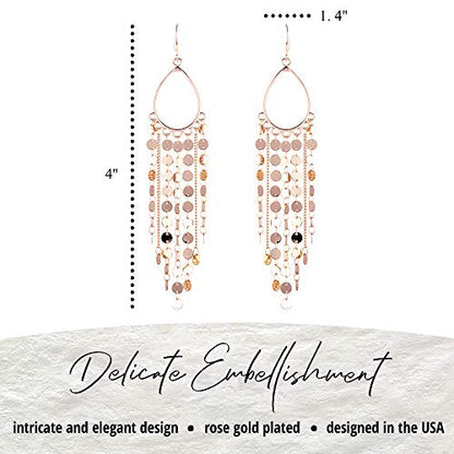 Bohemian Boho Tassel Dangle Drop Earrings for Women – Lightweight Filigree Gypsy Coin Chandelier Disc Charm Hoops – included Gift Box - style: Teardrop - Rose Gold