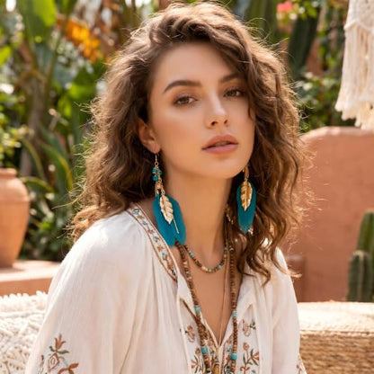 FRESHME Native American Earrings for Women - Ethnic Boho Feather Dangle Jewelry with Tessel for Birthday Party Photoshoot - color: Blue