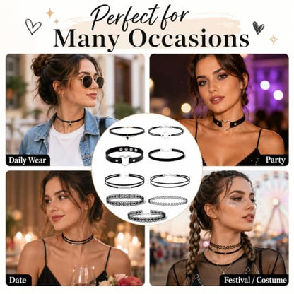 6 Piece Black Choker Necklaces for Women, Gothic Velvet Lace Tattoo Set