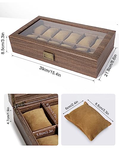 Uten Watch Box 12 Slots, Watch Case Organizer with Real Glass Lid, Wood Grain PU Leather Watch Display Storage Box with Removable Imitation Suede Watch Pillows, Metal Clasp | Watch Jewelry Box, Soft Pillow, Metal Clasp, for Watch Size up to 55mm, Gifts fo