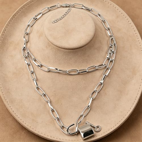 Layered Chunky Gold Silver Necklace Big Cuban Chain Statement Necklace Stacked Punk Chain Choker Necklaces for Women Trendy Jewelry Birthday Gifts - color: 01 Layered Padlock Silver